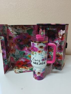 Floral 'Eres La Mejor' Pink Handle Travel Tumbler with Straw ( You are the Best)